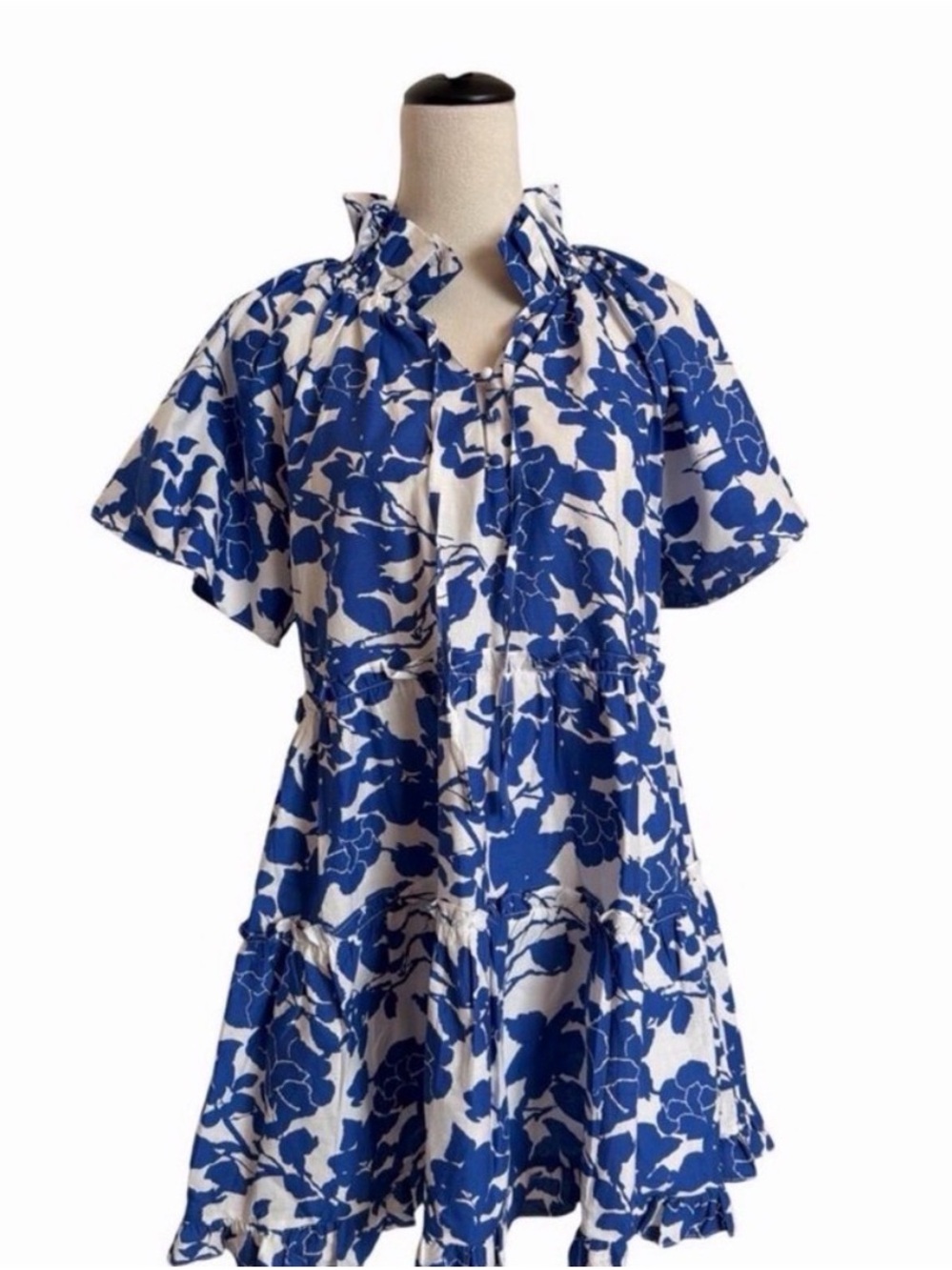 Blue Floral Short-Sleeve Tiered Ruffle Tunic Dress